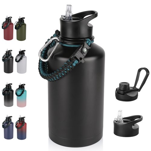 64 oz Insulated Water Bottle with Straw & Spout Lids, Stainless Steel Metal Half Gallon Water Jug with Paracord Handle, Double Wall Vacuum, Leakproof, Keep Drinks Cold & Hot, Black