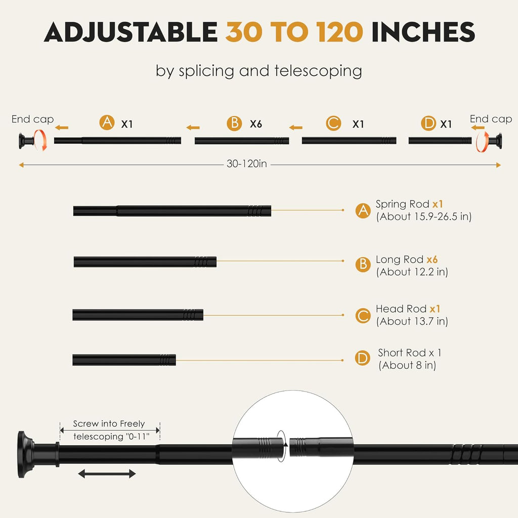 Skiennix Adjustable Tension Shower Curtain Rod - Heavy Duty, No Drill, 30 to 120 Inch, Black