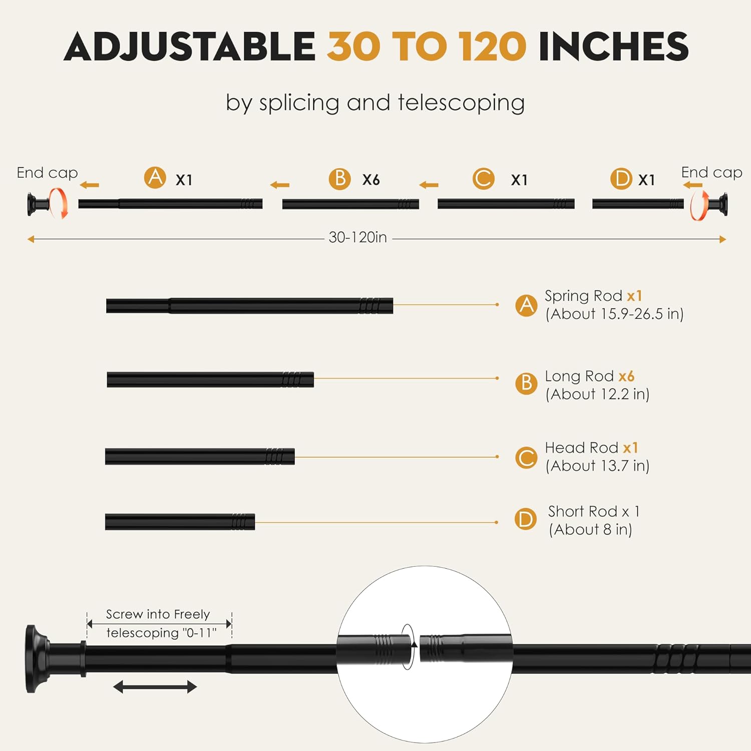 Skiennix Adjustable Tension Shower Curtain Rod - Heavy Duty, No Drill, 30 to 120 Inch, Black