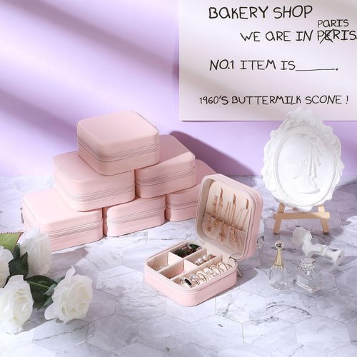 Canlierr Small Travel Jewelry PU Leather Boxes Bulk Bridesmaid Proposal Gift Boxes Portable Jewelry Case Organizer for Women(Pink,18 Pcs)