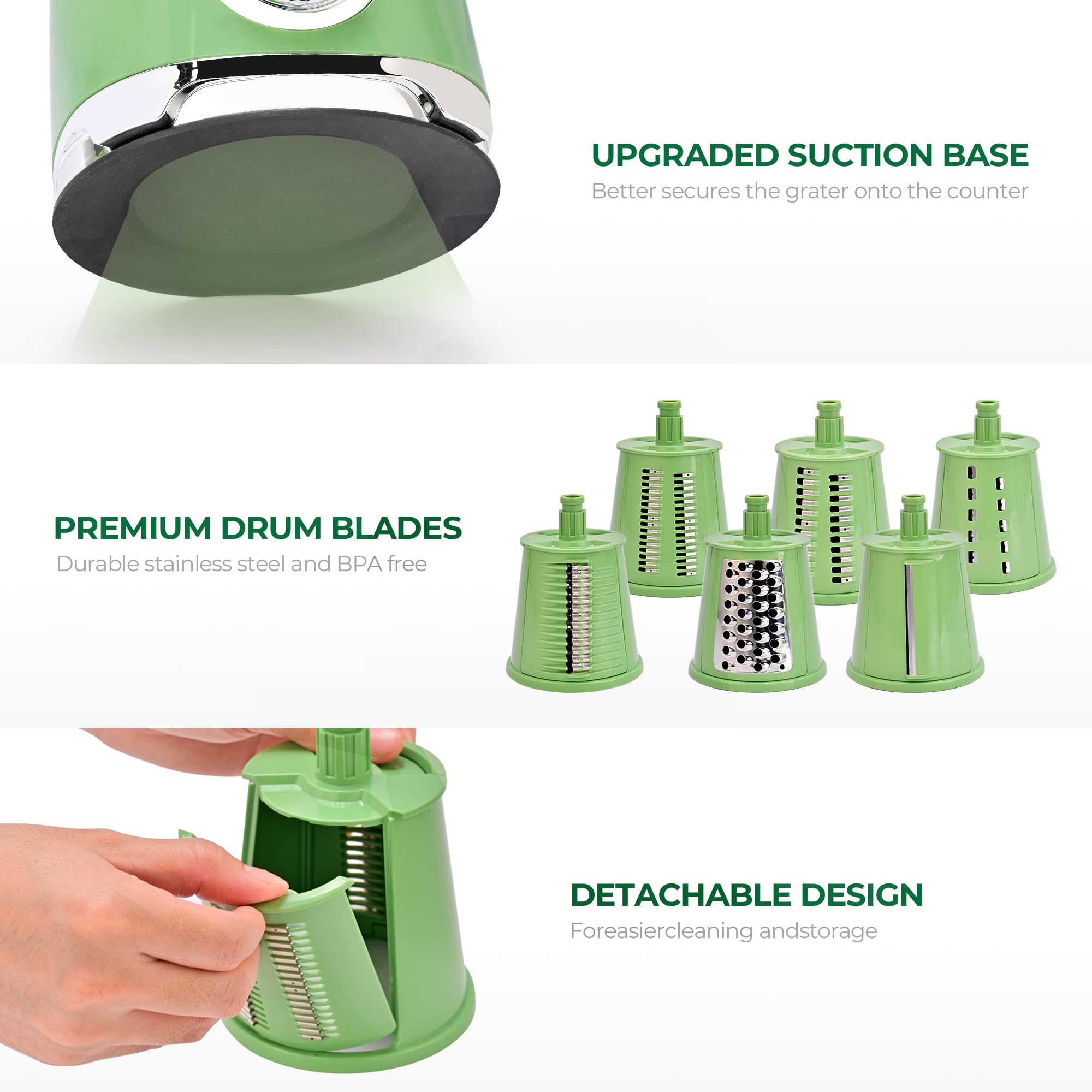 SUSTEAS Rotary Cheese Grater with Handle,Vegetable Slicer with 6 Interchangeable Blades, Reinforced Suction,Easy to Clean,Kitchen Chopper for Crushed Ice,Fruits and Nuts with Blade Storage Case,Green