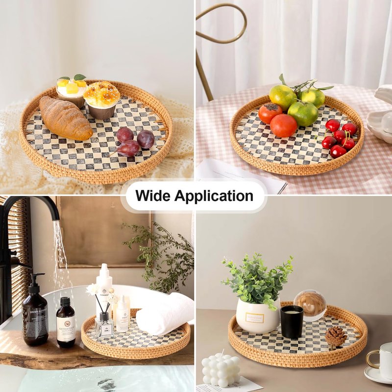 Tynulox Round Rattan Tray with Mother of Pearl Inlay, Rattan Serving Tray for Coffee, Bread, Fruits, Decorative Wicker Tray for Table Decor, Home Decor, Kitchen Island Decor(Black Checkerboard, 11.8")