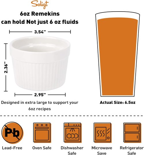 Creme Brulee Making Set - 6 Oz Porcelain Ramekins with Stainless Steel Lifting Rack & Bottom Pan