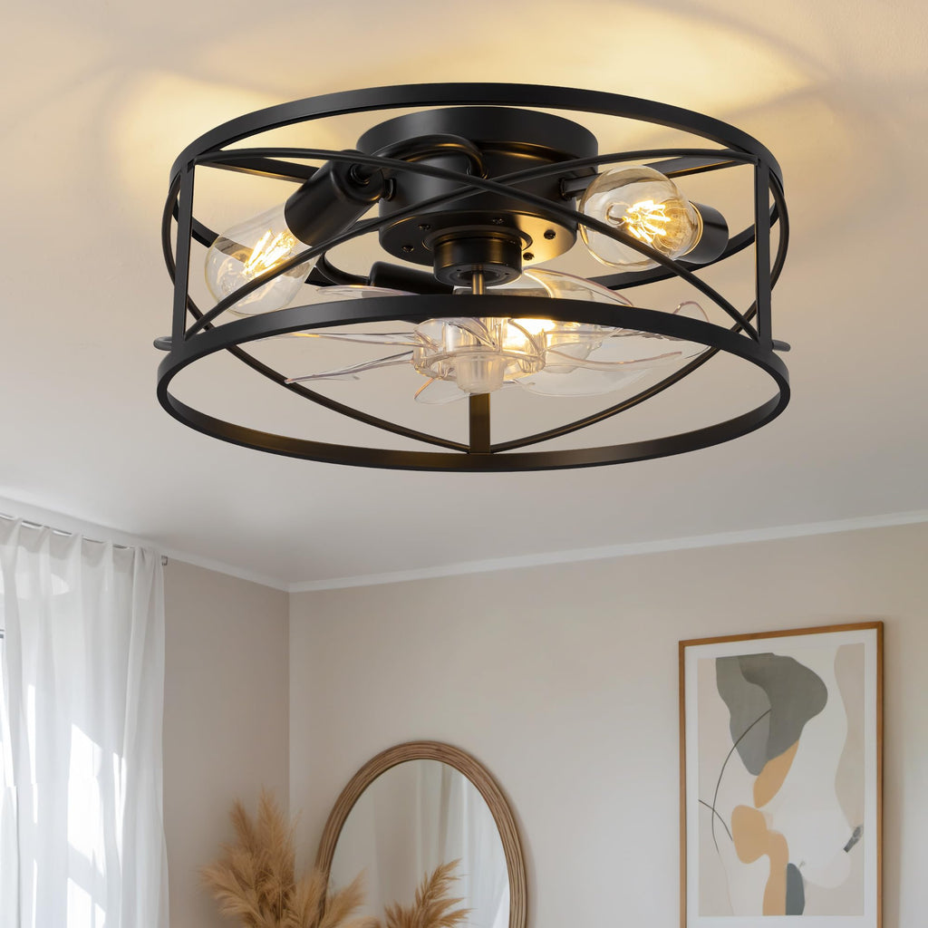 KDG 15.8″ Retro Low Profile LED Ceiling Fans with Light, Reversible Ceiling Fans Flush Mount with Remote and 6 Speeds, E26 Base Buld for Bedroom, Dinning Room, Kids Room, Kitchen