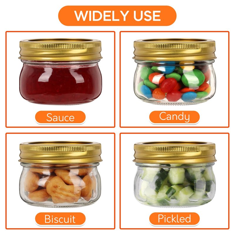 Mcupper 4 oz Mason Jars With Gold Lids and Bands, 24 Pack Regular Mouth Canning Jars for Jam, Honey, Yogurt, Candy, Spices, Snacks, DIY Projects, Wedding Favors- Includes 30 Stickers