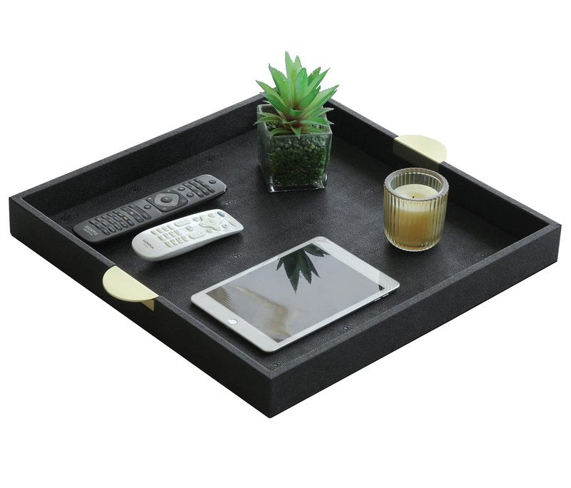 HofferRuffer Faux Leather Decorative Serving Tray, Elegant Coffee Table Ottoman Tray, Breakfast, Drinks, Liquor Serving Platter, Black Shagreen Finish with Gold Hardware Handle (Square)