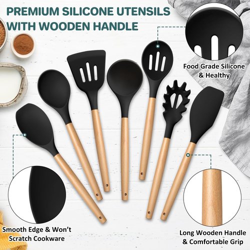 TeamFar Cooking Utensils Set of 7, Silicone Kitchen Utensils Set with Wooden Handles, Heatproof Kitchen Tools for Cooking Turning Serving, Non-stick Cookware Safe, Non-toxic & Non Scratch– Black