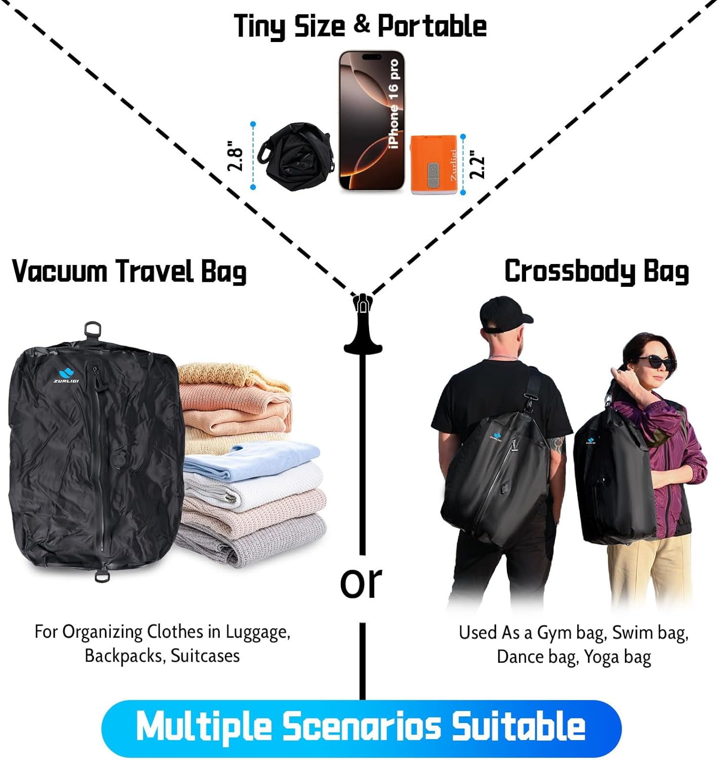 Zurligi Travel Vacuum Bags - IPX8 Waterproof Compression Bags with Mini Pump | 39L for Clothes & Luggage (2-Pack, Black)