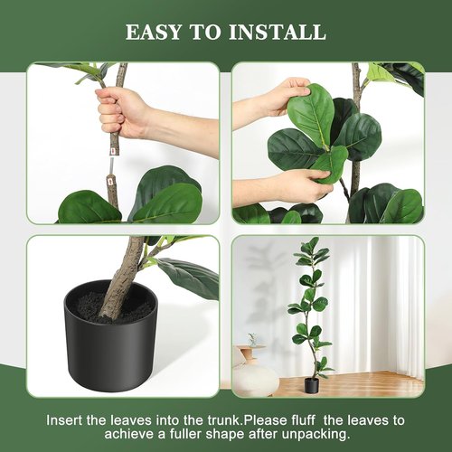 GarveeHome Artificial Fiddle Leaf Fig Tree - 5 Ft Realistic Fake Plant with Black Planter | Perfect Home or Office Decor