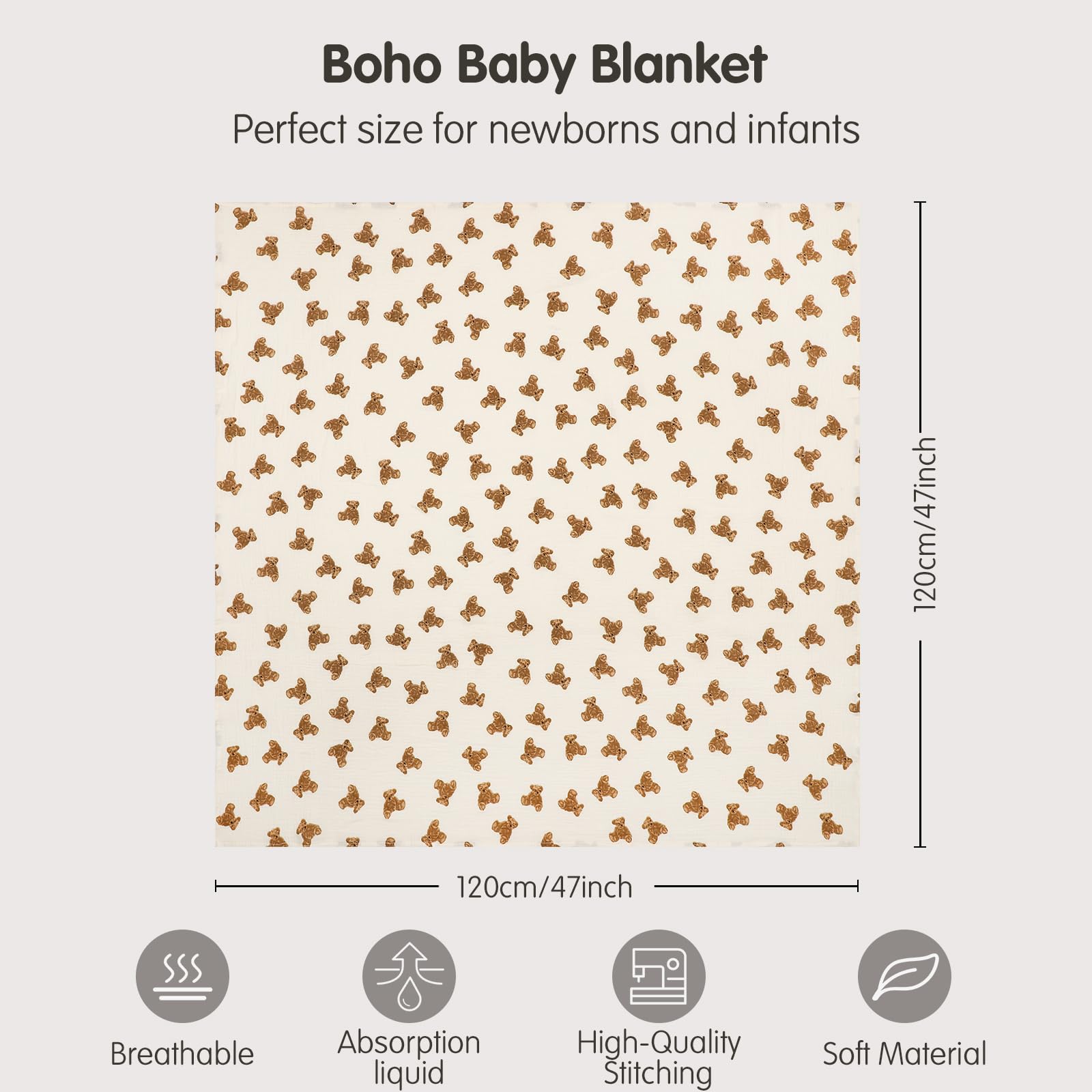 insular Muslin Swaddle Blankets for Boys Girls, 2 Pack Receiving Baby Blanket Large 47 x 47 inches, Soft Breathable Swaddling Wrap for Unisex Newborn, Teddy Bear&Khaki