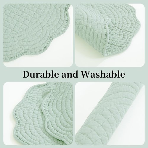 BALAPET Quilted Placemats Set of 6, 100% Cotton 14" Table Mats Farmhouse Style, Reversible Round Tabletop with Scalloped Edges for Kitchen Dinner Party Holidays, Sage Green