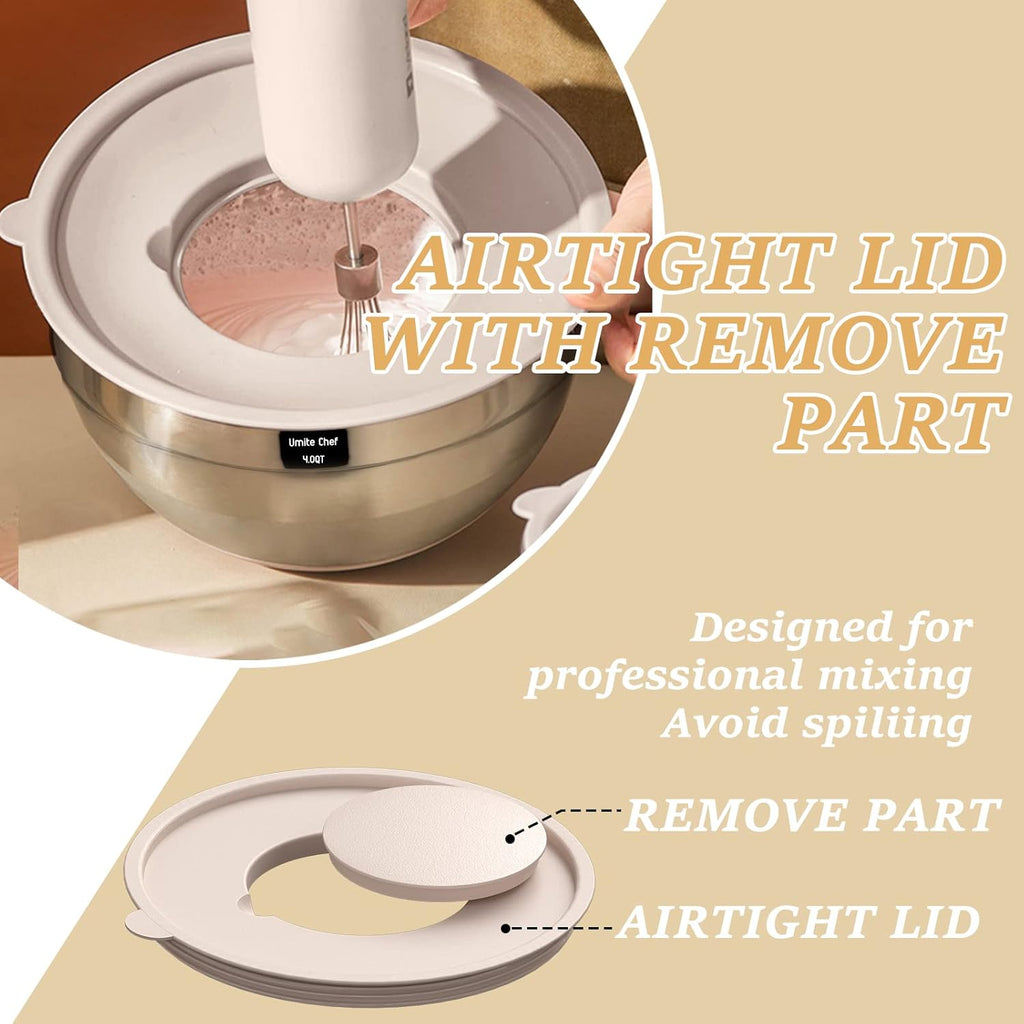 Stainless Steel Mixing Bowls Set by [Brand Name] - 26PCS with Airtight Lids & Grater Attachments | Non-Slip Bottoms, Khaki Color