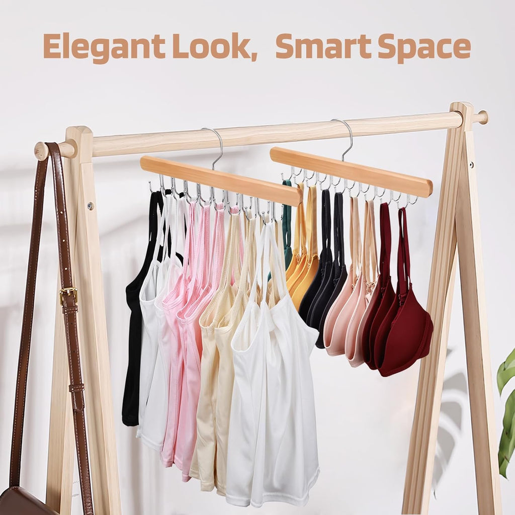 NECAMOCU Premium Wooden Bra Hanger - 2 Pack Closet Organizer with 36 Foldable Hooks & 360° Rotation