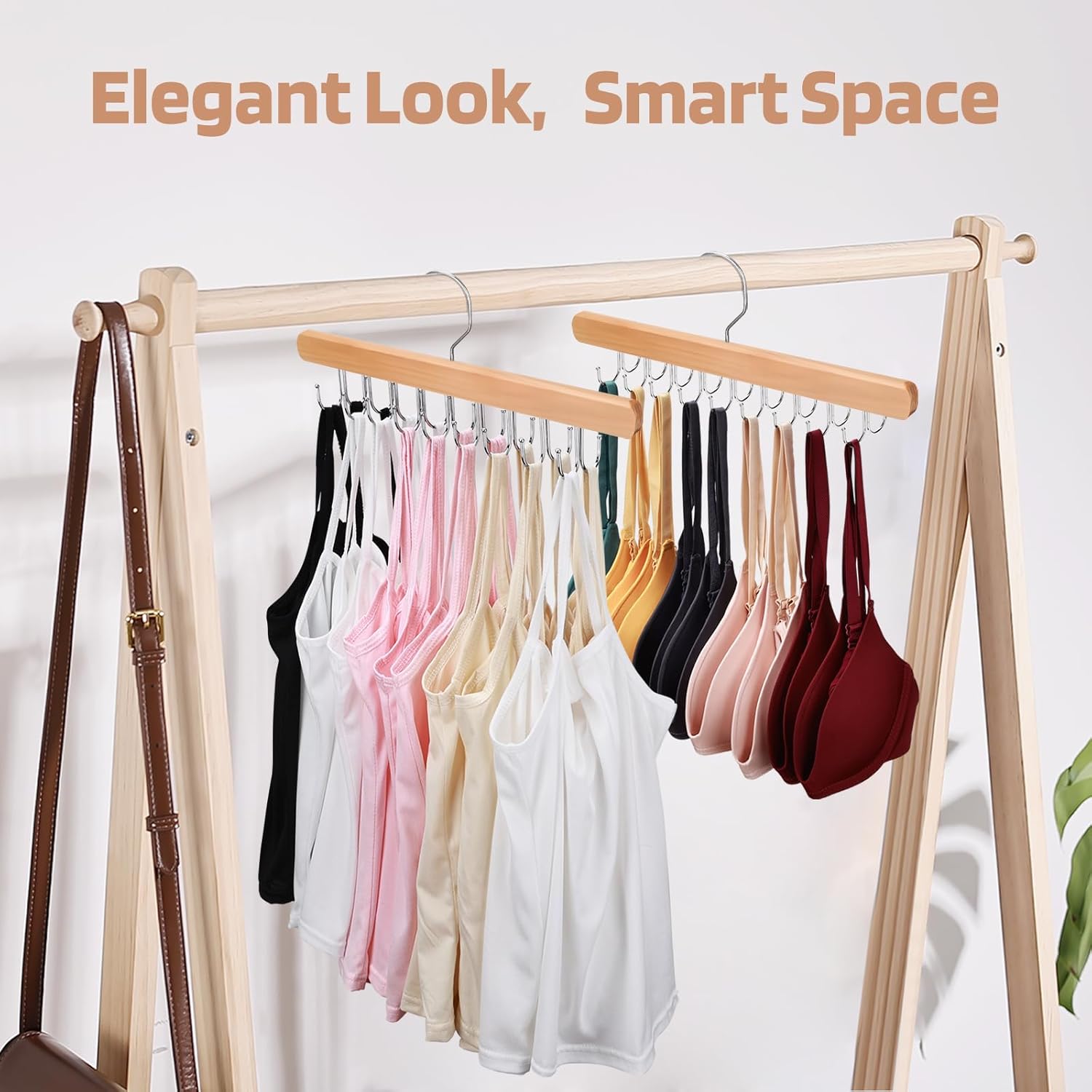 NECAMOCU Premium Wooden Bra Hanger - 2 Pack Closet Organizer with 36 Foldable Hooks & 360° Rotation
