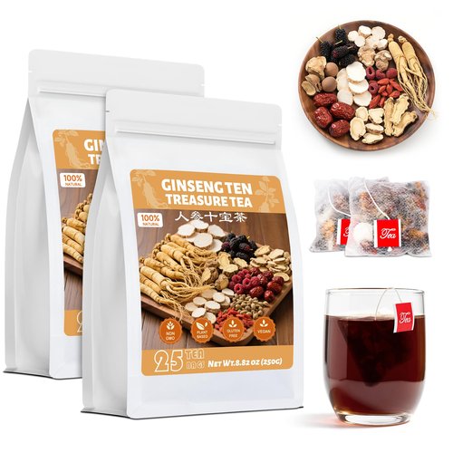 50Pcs Kidney Tea Formula Ginseng Ten Treasure Tea, Traditional Chinese Herbal Tea Bags, Natural Ginseng & Mulberry Herbal Tea, Kidney Cleanse Detox & Repair Tea for Men Women, 10 Precious Ingredients Formula (2 Pack/50 Bags)