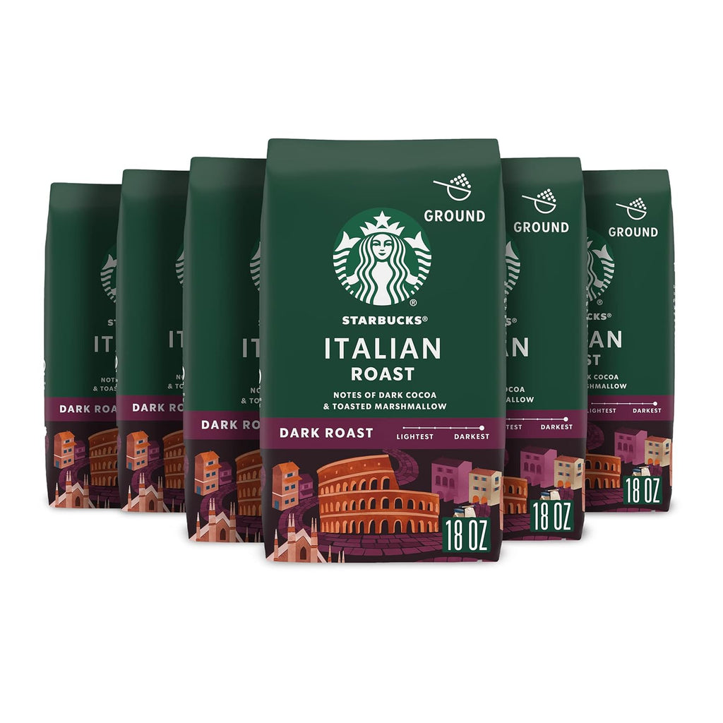 Starbucks Ground Coffee - Dark Roast Italian Blend | Six 18 oz Bags for Hot or Iced Coffee