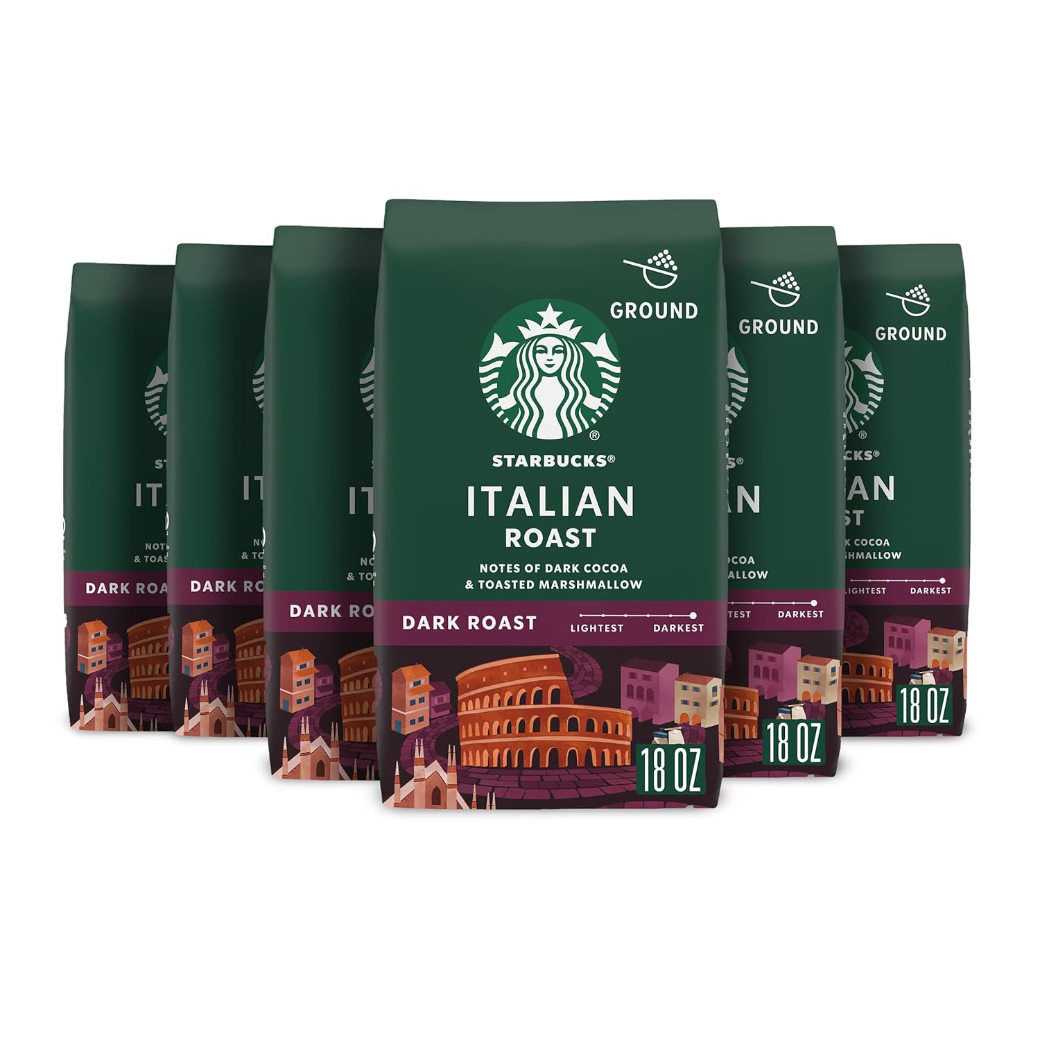 Starbucks Ground Coffee - Dark Roast Italian Blend | Six 18 oz Bags for Hot or Iced Coffee