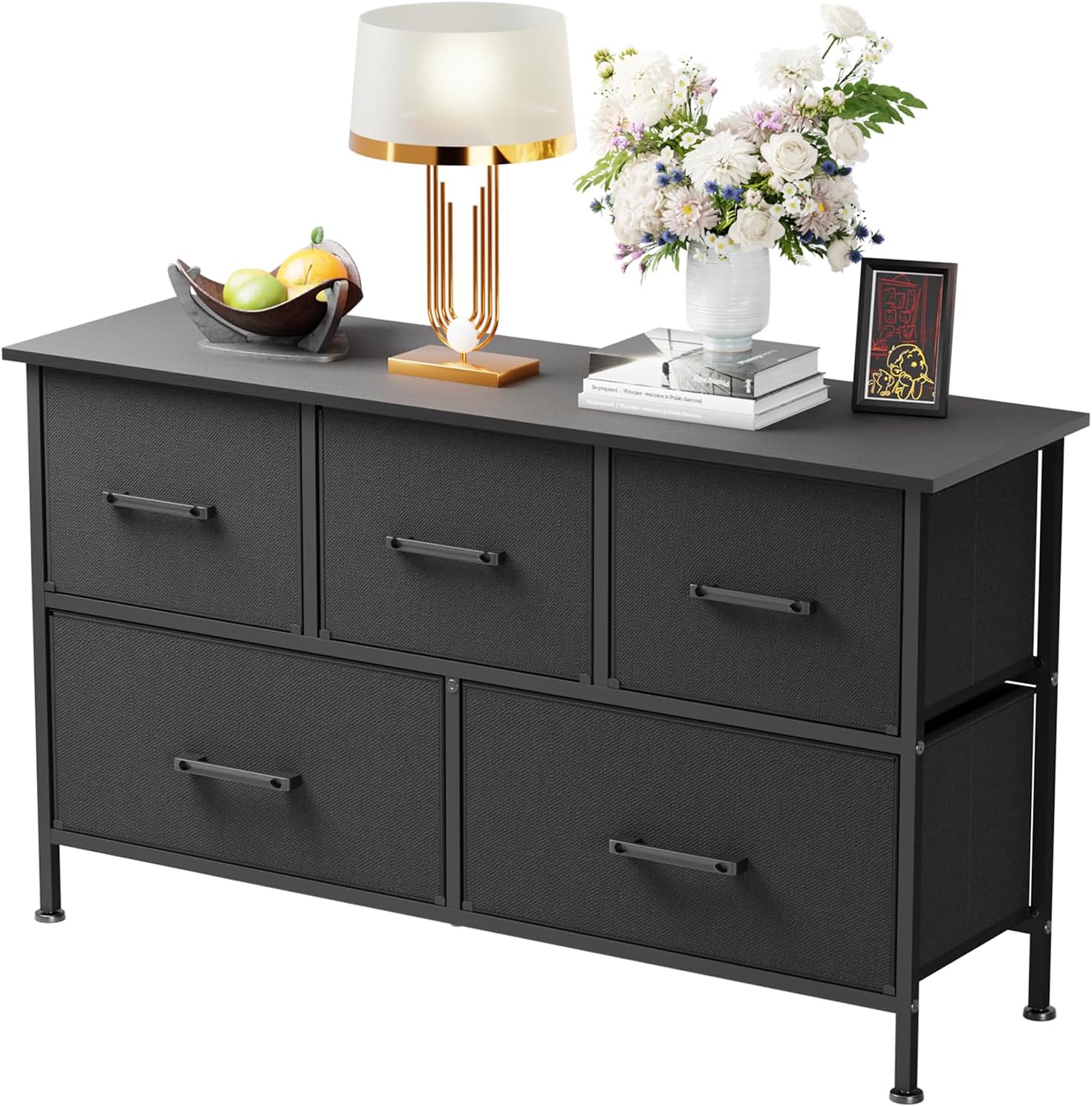 PayLessHere Fabric Dresser - Wide 5-Drawer Chest of Drawers with Metal Frame & Wood Top | Black Storage Unit for Bedroom, Living Room, Entryway