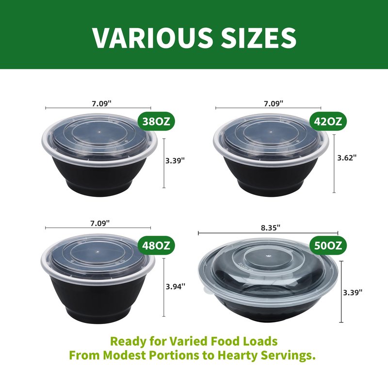 Apsic Meal Prep Bowls Containers, 50 Sets 38oz (100-Piece) Plastic Bowls with Lids for Soup Salad, Disposable To Go Food Storage Container, Round Lunch Box, BPA Free, Microwave/Dishwasher/Freezer Safe