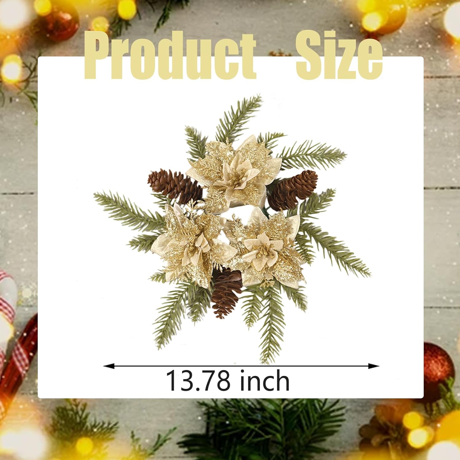 Skiennix Christmas Candle Ring Wreath - Artificial Golden Flower & Pine Garland Centerpiece