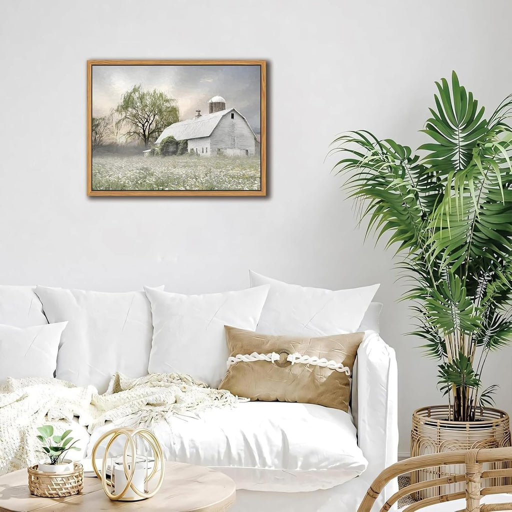 Skiennix Rustic Farmhouse Canvas Wall Art - White Barn Wildflower Landscape Print | 16x12 in for Bedroom & Living Room