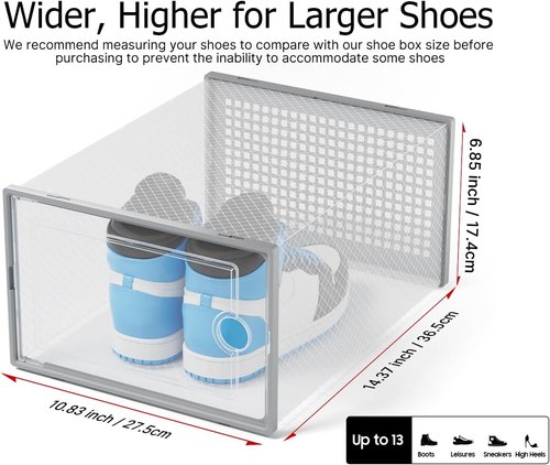 Kuject Shoe Storage Boxes - XX-Large Clear Plastic Organizers | Stackable 12 Pack for Closet & Under Bed, Grey