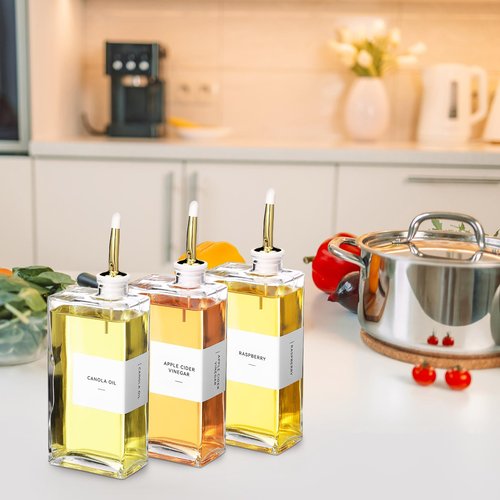 Reallnaive 3 Sets Olive Oil Dispenser Bottles for Kitchen with Nozzles Funnel Labels Cooking Oil Dispenser 500ml Set for Kitchen Vinegar Coffee Syrup (Gold)