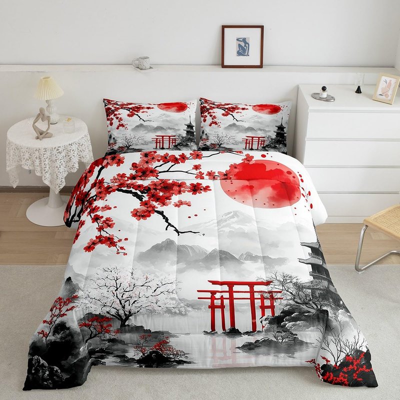 Feelyou Japanese Style Comforter Set Twin Size Kids Red Cherry Blossoms Bedding Set for Boys Girls Teens Mount Fuji Torii Comforter Breathable Ink Painting Duvet Set Sunset Quilt Set