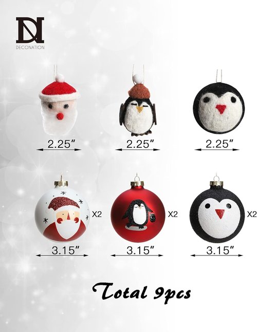 DN DECONATION Black and White Christmas Ornament - Cute Hand-Painted Santa Ball for Tree | Red Glass Xmas Decor