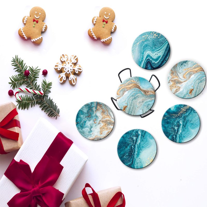 Dooke Coasters for Drinks, Round Absorbent Ceramic Stone Coasters Set of 6 with Cork Base,Funny Coaster with Holder for Cold Drinks Wine Mugs and Cups Tabletop Protection, 4 Inches,Teal Marble