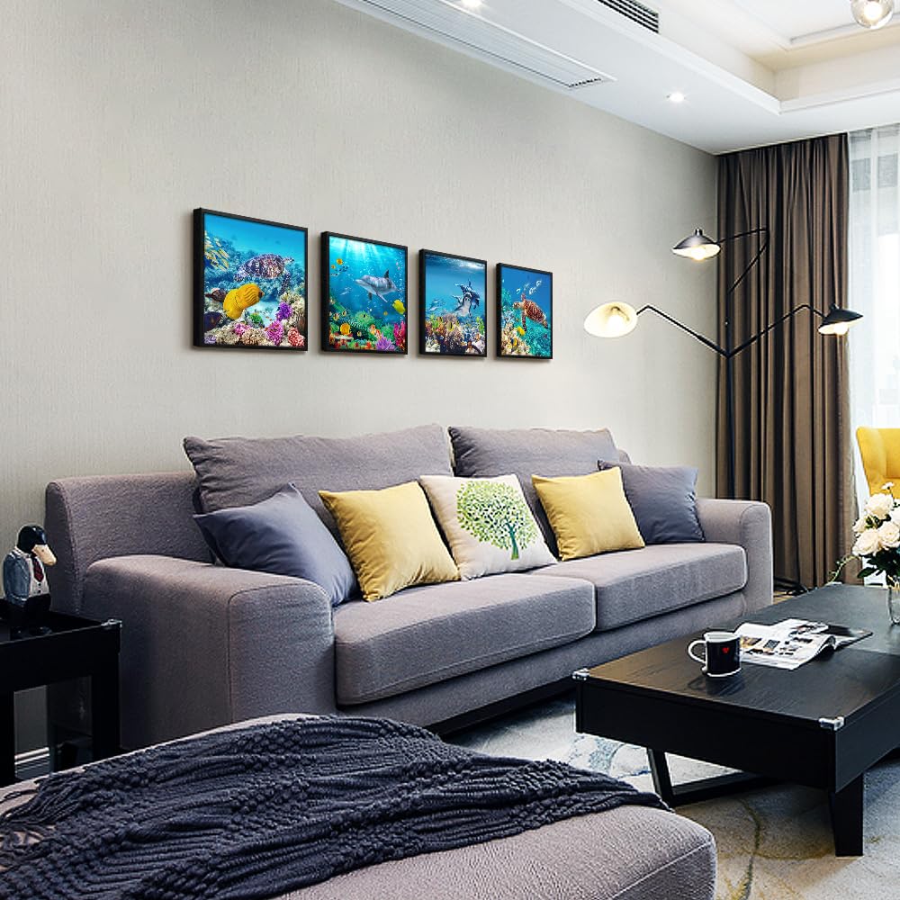 Set Of 4 Piece Black Framed Wall Art For Living Room Family Bedroom Wall Pictures Artwork Bathroom Wall Decor Coral Sea Fish And Turtles Blue Ocean Theme Painting Ready to Hang Modern Home Decor