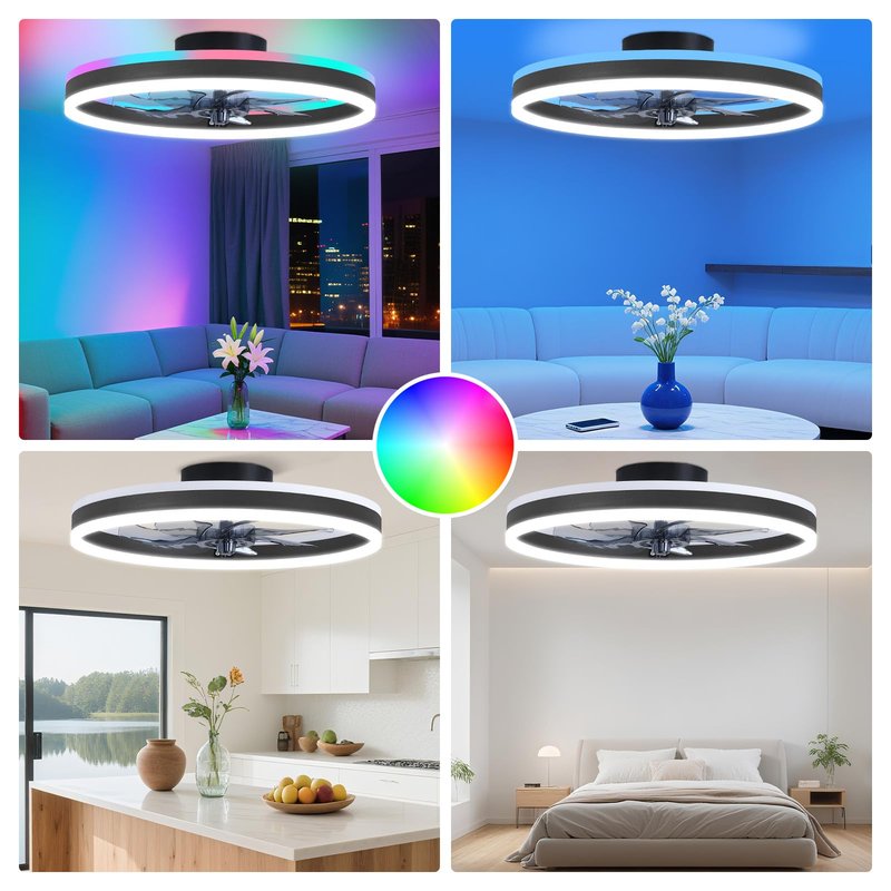 ORITHAM RGB Ceiling Fans with Lights, 16" Fandelier Low Profile Ceiling Fan with Light, Modern Flush Mount Ceiling Fan Light with Remote/APP Control, Bedroom Chandelier Fan Fixture for Indoor(Black)