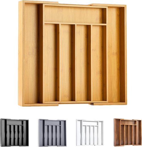 Bellsal Bamboo Utensil Holder - Expandable Silverware Organizer for Kitchen Drawers | Cutlery Tray