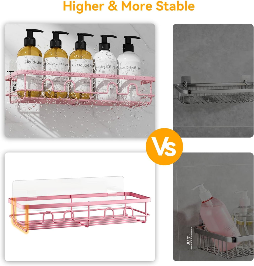 Skiennix Adhesive Shower Caddy - Large Capacity No Drill Bathroom Organizer | 2 Pack Pink Shelves