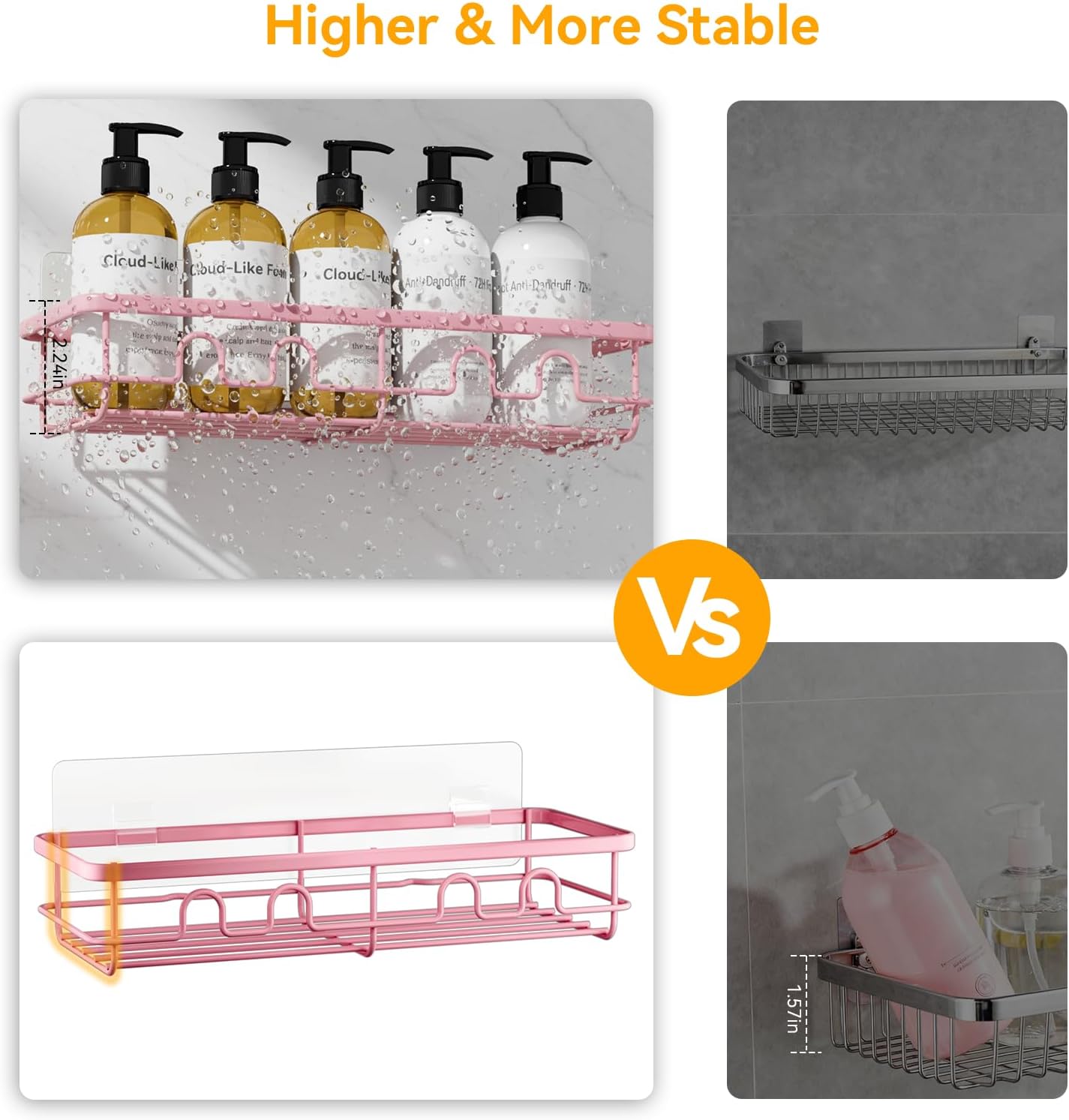 Skiennix Adhesive Shower Caddy - Large Capacity No Drill Bathroom Organizer | 2 Pack Pink Shelves