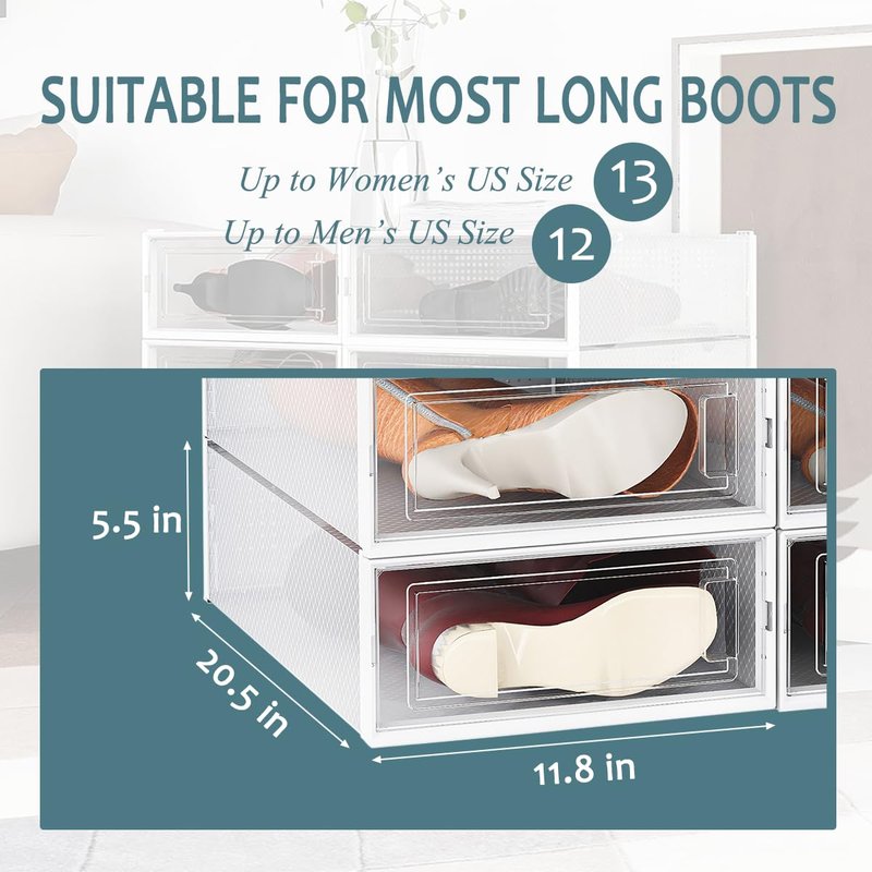 WAYTRIM Modern Clear White Foldable Boots Storage Box, 8 Pack Plastic Shoe Container, 20.5" x 11.8" x 5.5" - Large Capacity, Anti-Dumping, Transparent, Stackable, Ventilated