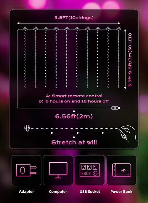 Brightown 300 LED Pink Fairy Curtain Lights - 9.8ft x 9.8ft String Lights with Remote & 8 Modes for Indoor/Outdoor Decor