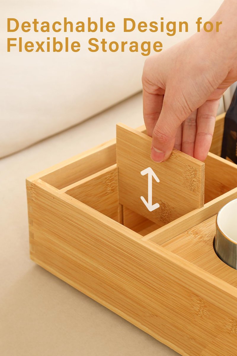 ROCDEER Couch Caddy,Bamboo Couch Cup Holder Tray with 6 Compartments, Sofa and Bed Organizer for Drinks, Snacks, and Remotes