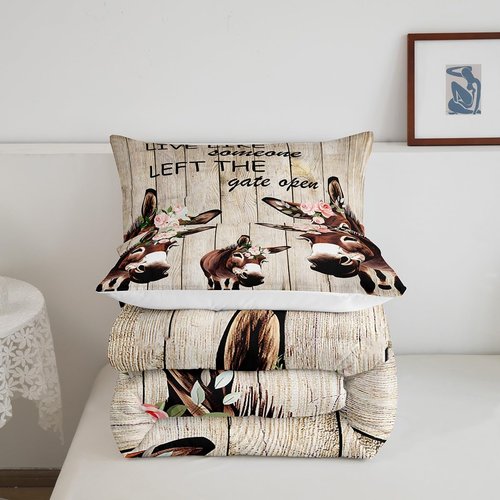 Manfei Donkey Comforter Set Full Size, Floral Animal Theme Quilt Set with 2 Pillowcases, Rustic Farmhouse Bedding Set 3pcs for Kids Boys Girls Bedroom Decor Grey Wooden Board Duvet Insert