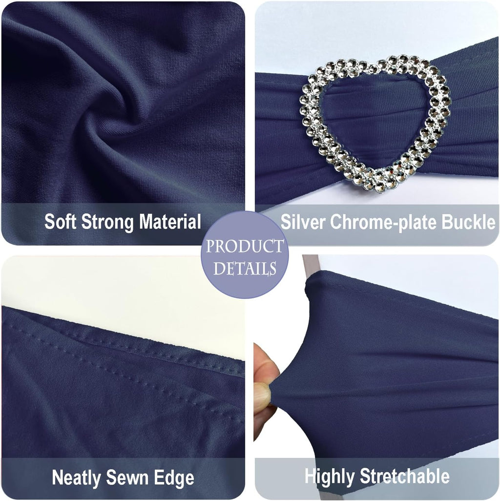 Skiennix Navy Blue Chair Sashes - 30 Pack Universal Elastic Chair Bands with Heart Buckle Slider for Weddings & Parties