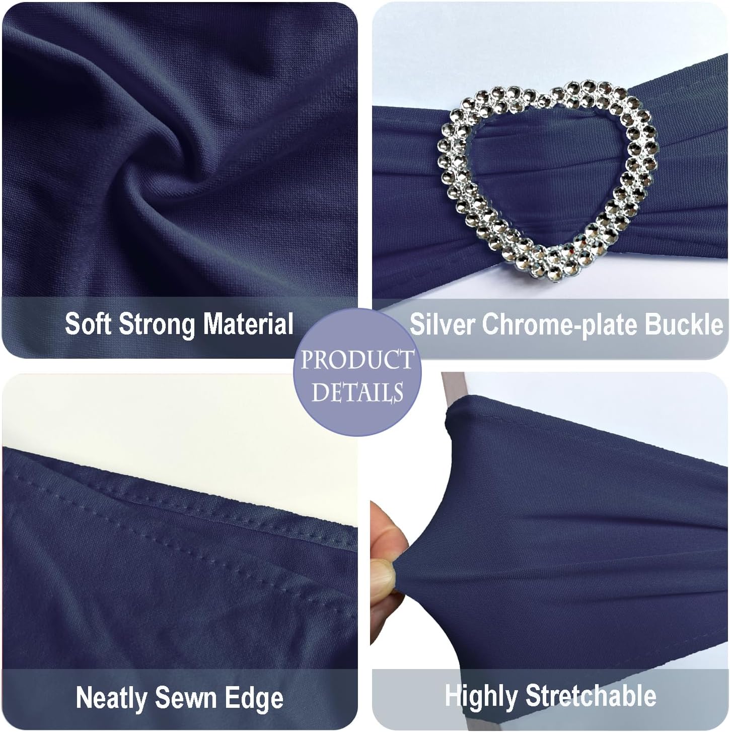 Skiennix Navy Blue Chair Sashes - 30 Pack Universal Elastic Chair Bands with Heart Buckle Slider for Weddings & Parties