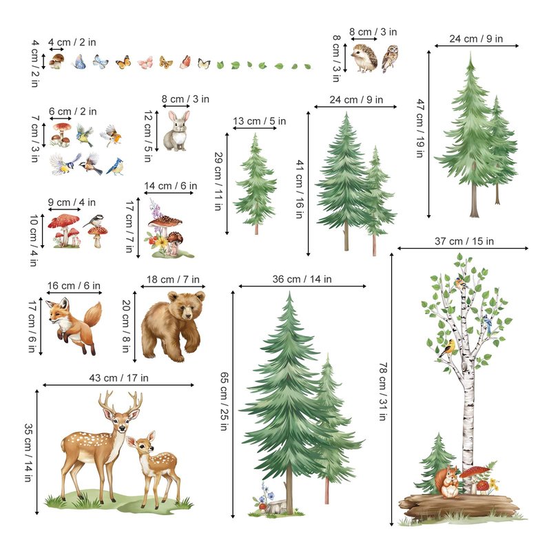 wondever Large Pine Tree Woodland Animals Wall Stickers Forest Birch Bear Deer Fox Peel and Stick Wall Art Decals for Baby Nursery Kids Bedroom