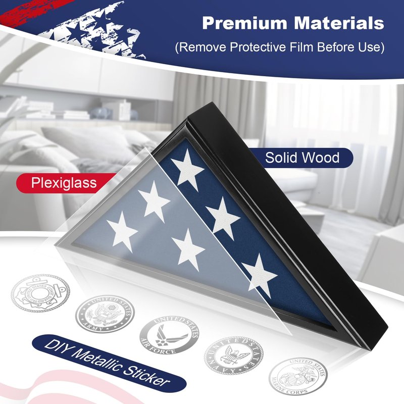 Flag Display Case for Burial Flag with Glass Front, 9.5x5' Folded Flag Case for Burial Flag, Wooden Flag Box Display Case, Flag Holder for Veteran Burial Flag Display Case, Military Flag Frame