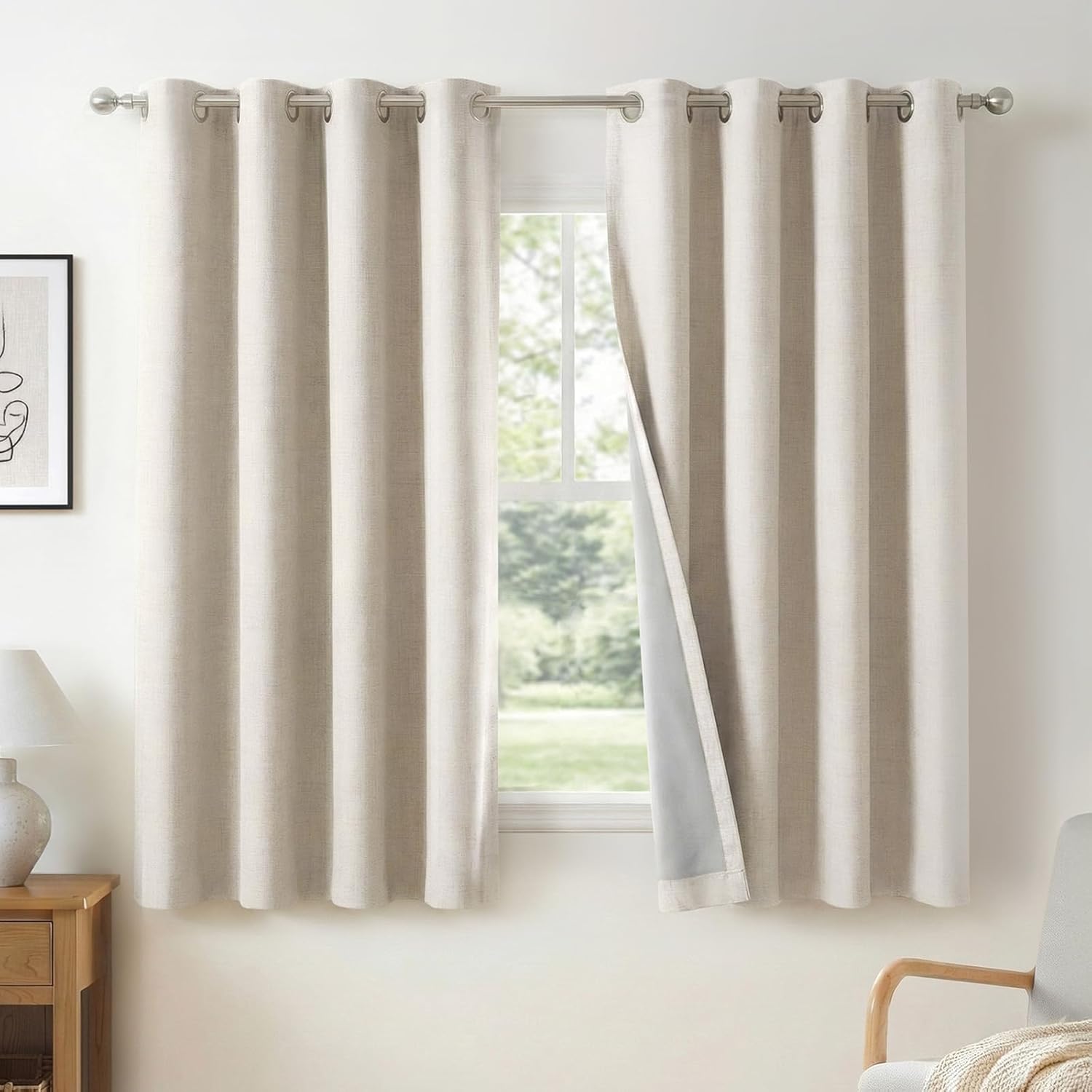 Skiennix 100% Blackout Linen Curtains - Beige Grommet Thermal Insulated Drapes | 40" W x 45" L, 2 Panels