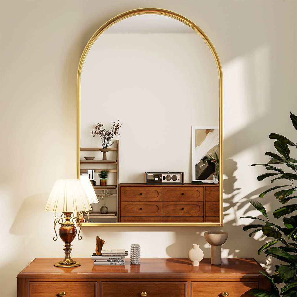 Riskioir 20" x 30" Luxury Arched Bathroom Mirror - Arch Wall Mirror with Shatterproof Tempered Glass and Metal Deep Frame, Hanging or Leaning for Living Room, Dresser, Entrance and Hallway, Gold