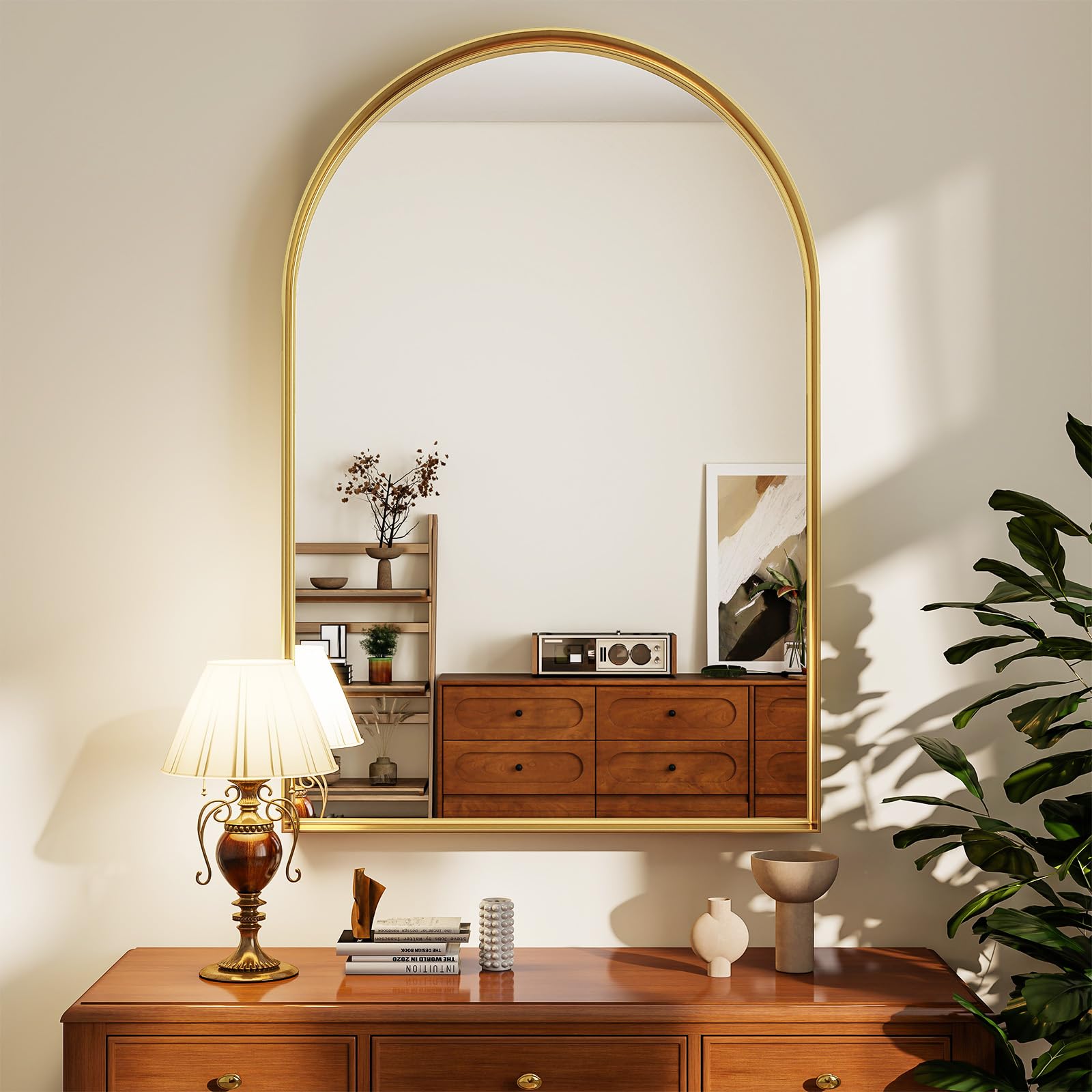 Riskioir 20" x 30" Luxury Arched Bathroom Mirror - Arch Wall Mirror with Shatterproof Tempered Glass and Metal Deep Frame, Hanging or Leaning for Living Room, Dresser, Entrance and Hallway, Gold