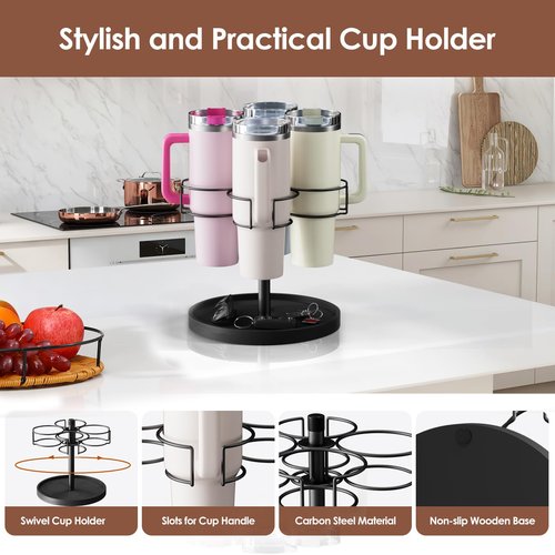 Kssiaz Water Bottle Organizer for Stanley 40 oz Tumbler with Handle, 4 Slots Rotatable Stanley Cup Organizer Holder, Tumbler Organizer for Kitchen Cabinets with Tray, Black