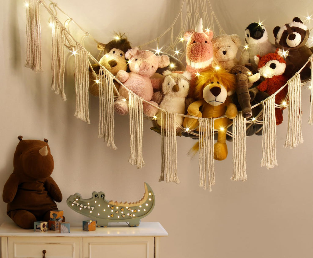 Stuffed Animal Storage Hammock Corner X-Large with LED Light - Baby Hammock Hanging Holder Plushies Net for Stuff Animals Organizer - Cute Room Decor Aesthetic Kids Toddler Nursery Bedroom Boho