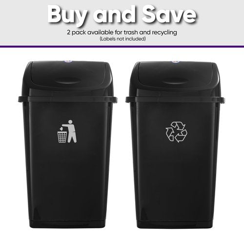 Superio Kitchen Trash Can 13 Gallon with Swing Lid, Plastic Garbage Can Outdoor and Indoor, Large 52 Qt Recycle Bin and Waste Basket for Home, Office, Garage, Patio, Restaurant (Black, 2 Pack)