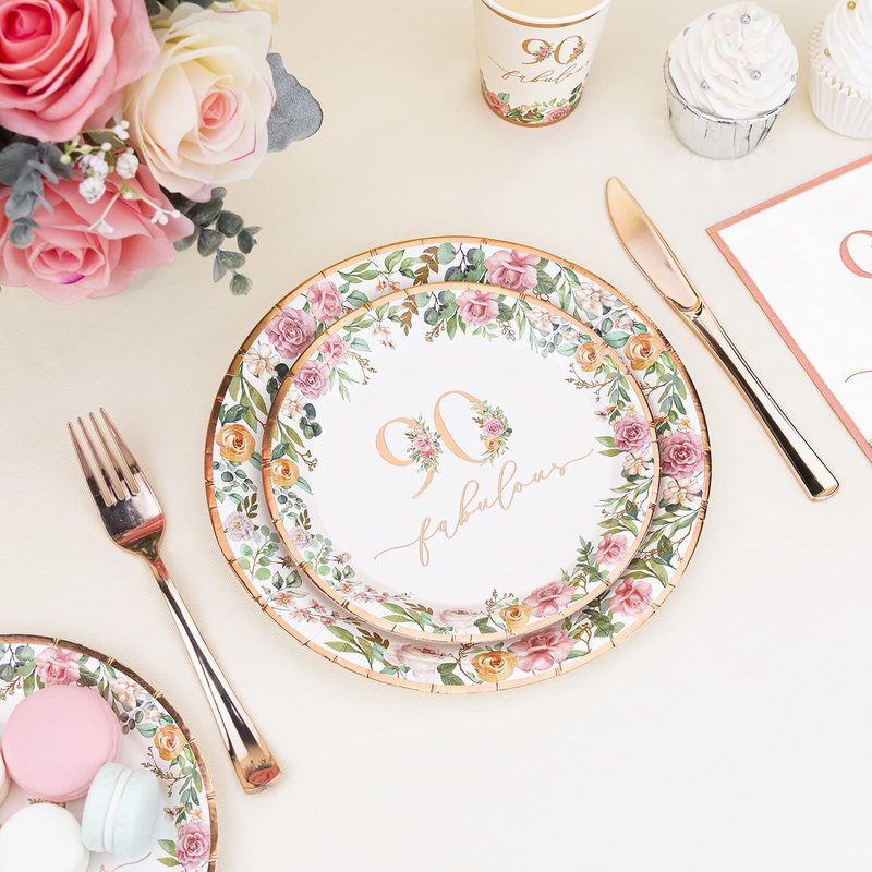 Crisky 90th Birthday Napkins and Plates for Women Rose Gold Floral Party Decoration, 90 and Fabulous Plates and Napkins for Women 90th Birthday.